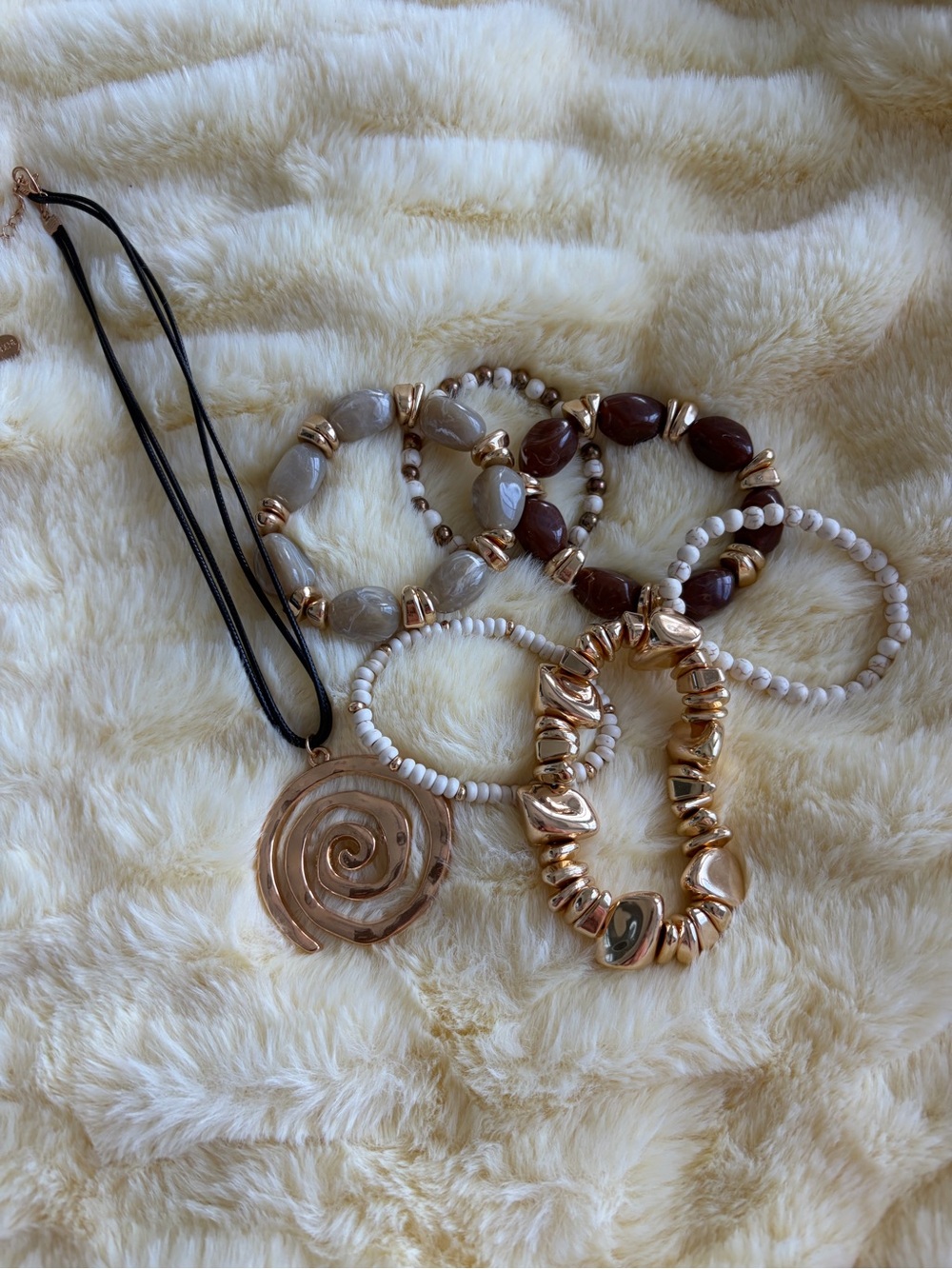 Women’s Gold and Neutral Bead Bracelet Set with Pendant Necklace